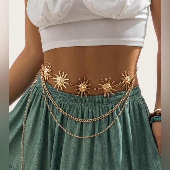 Celestial Sun Multi Layer Chain Statement Belt Metal Waist Belt gold New ☀️✨✨ - Picture 1 of 6